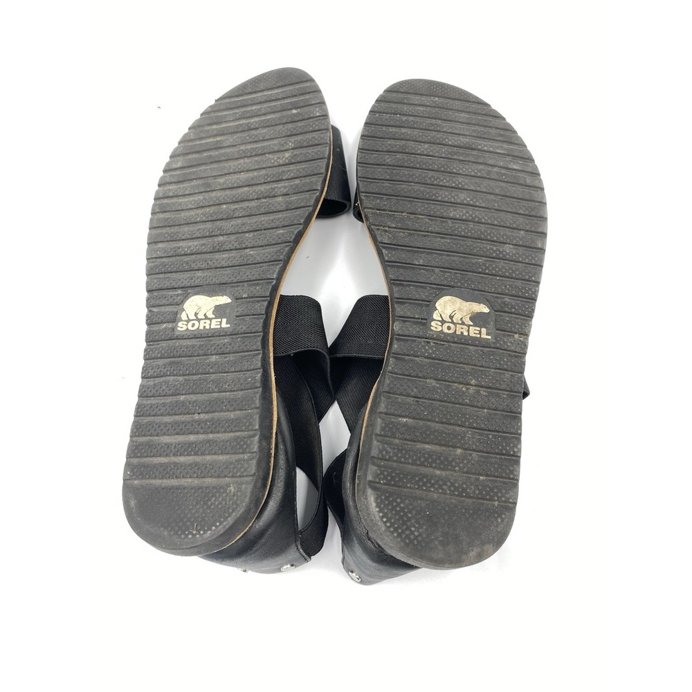 Sorel Ella Womens Size 9.5 Sandals Black Leather Elastic Strappy Flats Open Toe - Picture 2 of 4